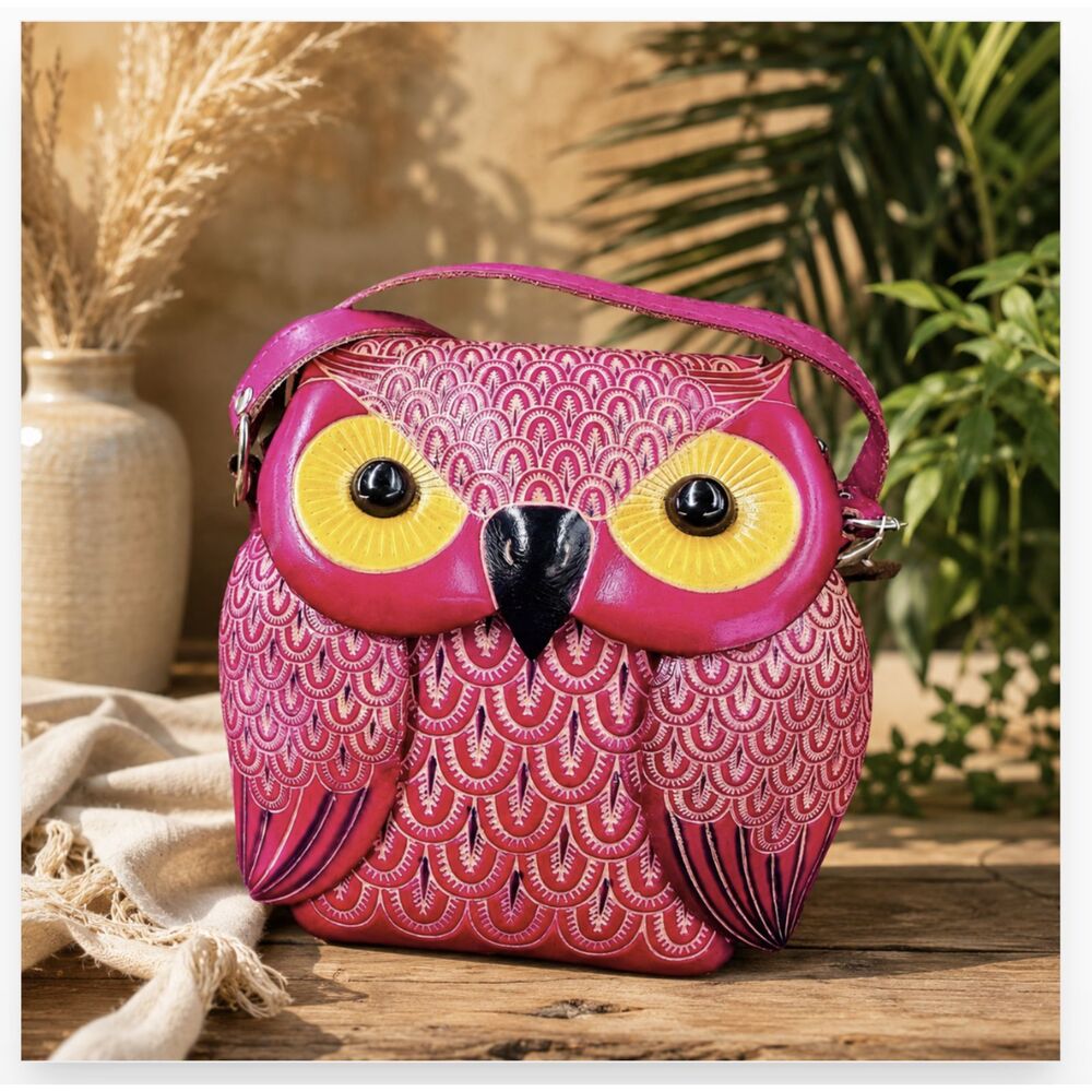 NWT Hot Pink Crossbody Genuine Leather Wallet Crossbody Bag Owl Print Animal